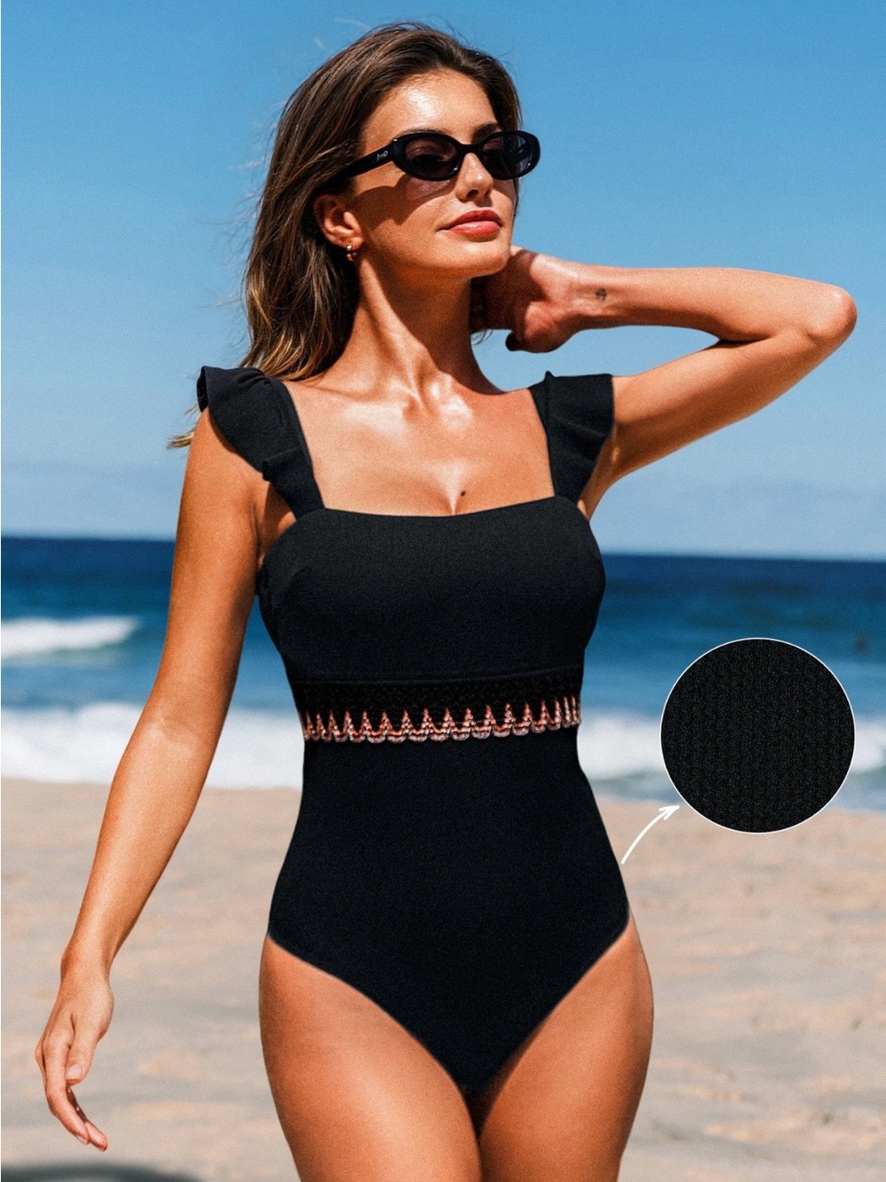 Cupshe Women’s Black One-Piece Swimsuit Ruffle Straps Embroidered Design Med NWT
